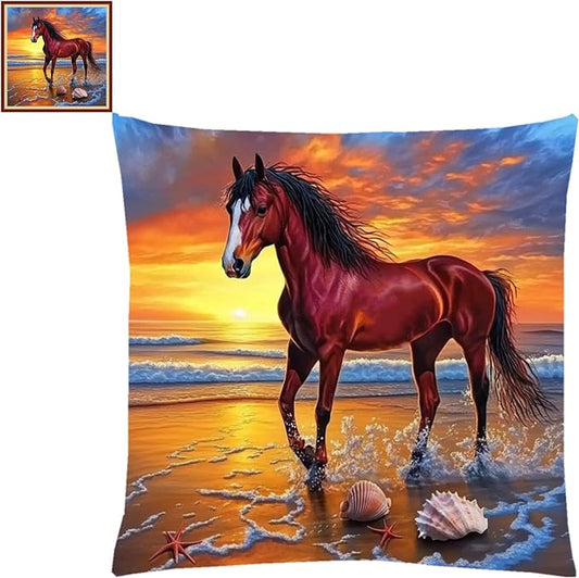 Lovxvouy Pillow Cross Stitch Kits for Adults Beginners-Preprinted Needlepoint Kit Stamped Crossstitching Kits 11CT Cross-Stitch Kit Stitches Kit Embroidery Kits-Seaside Steed 18x18 inchs