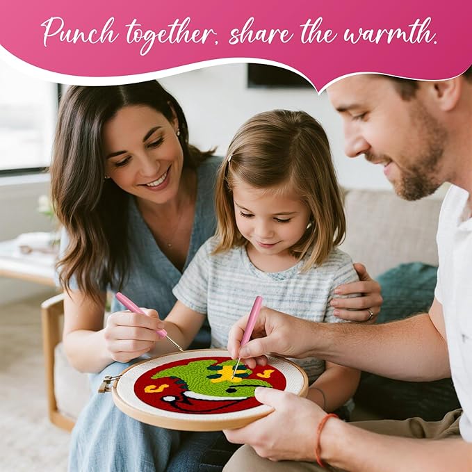 Christmas Punch Needle Kit for Adult Beginner, Easy Punch Embroidery Starter Set with Instruction, Fun DIY Needle Point Craft for Home Decor & Holiday Gift Idea(2pcs Dino & Penguin)