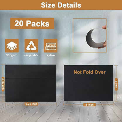 Black Blank Greeting Cards and Envelopes 4 x 6 Heavyweight Flat Cardstock and A4 Envelopes Printable Self Seal 20 Packs for DIY Wedding Invitations, Birthday, Thank You Cards