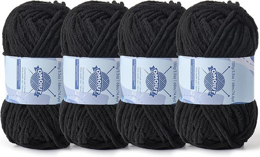 Chunky Chenille Yarn for Crocheting，Baby Yarn for Crocheting Soft Blankets，Bulky Yarns for Crochet Amigurumi，4×100g (4×74.3yds) Fluffy Velvet Yarns for Hand Knitting (4 Black)