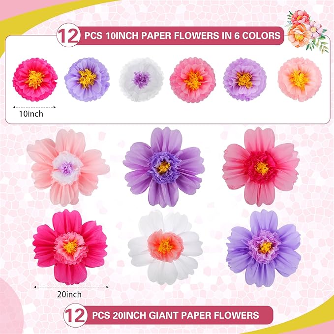 Crowye 24 Pcs Large Colorful Tissue Paper Flowers Decorations 20" Giant Fiesta Craft Crepe Paper Flowers for Wall Decor Backdrop Mexican Wedding Birthday Carnival Party (Bright Color)