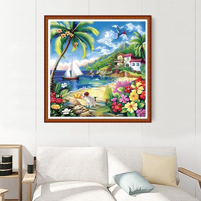 Joyhoor Stamped Cross Stitch Kits for Beginners Needlepoint Kits for Adults Embroidery Kits 11CT Counted Cross Stitch Kits Printed Embroidery Pattern-Seaside Scenery 18x18 inchs