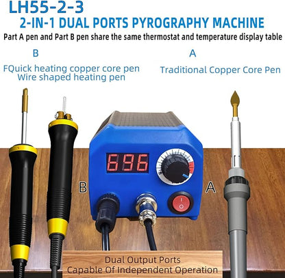 FIRElood LH55-2-3 Wood Burner kit Wood Burning Tool Pen 25~750℃, Wood Burning kit with Digital Thermometer Temperature Adjustable Temperature, 3 pyrographic Wood Burning pens, 37 Wood Burning Pen Tips