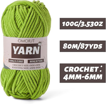 Fluffy Chenille Yarn for Crocheting - Baby Yarn for Crocheting Soft Blanket - 3 Pack of 100g/(87.4yds) Crochet Amigurumi Chunky Yarns - Super Bulky 5 Velvet Yarns (3 Lime Green)