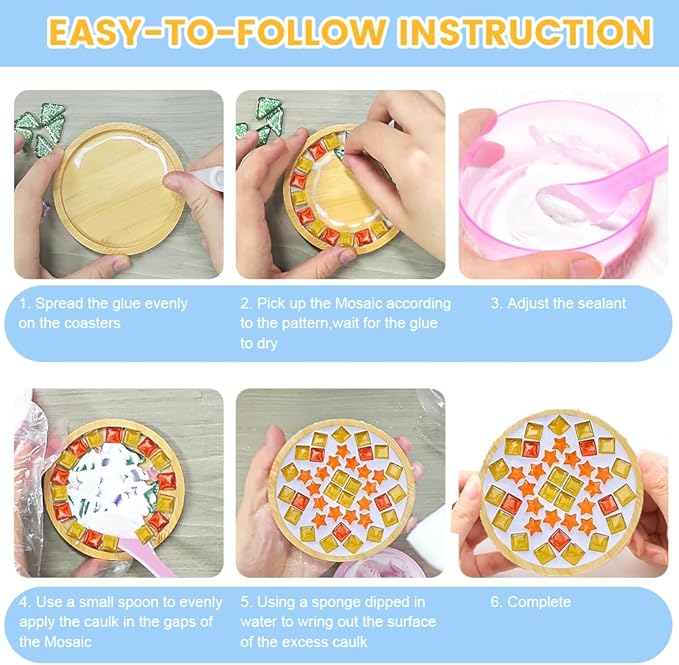 kuchisity 10 Set DIY Glass Mosaic Tiles for Crafts, Mixed Color Mosaic Kits with Wooden Coasters for Adults Bamboo Coaster for Creative Handmade Drinks Home Decoration