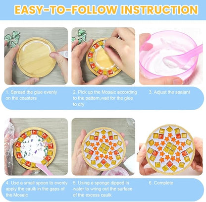 kuchisity 10 Set DIY Glass Mosaic Tiles for Crafts, Mixed Color Mosaic Kits with Wooden Coasters for Adults Bamboo Coaster for Creative Handmade Drinks Home Decoration