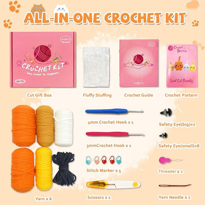SGIBYN Crochet Kit for Beginners,Crochet Cat Kit with Step-by-Step Video Tutorials - DIY Amigurumi Loaf Cat Family, Easy Animals Craft Kit for Adults & Teens