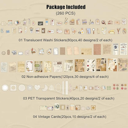 Esweny 260PCS Vintage Journaling Scrapbooking Supplies Scrapbook Sticker Paper Ephemera Pack for Junk Journal Planners Collage Craft Notebooks Album (Pen Ink and Letter)