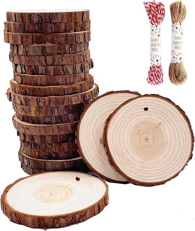Unfinished Natural Wood Slices 20 Pcs 3.5-4 Inch Wood Coaster Sets Pieces Craft Wood kit Predrilled with Hole Wooden Circles Great for Arts and Crafts Christmas Ornaments DIY Crafts Rustic Wedding
