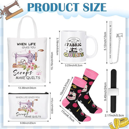 Baderke 6 Pcs Sewing Gifts for Seamstress Include Canvas Bag Cosmetic Bag 11 oz Coffee Mug Bookmark Socks and Pin Cushion for Quilters Sewing Lovers Christmas Gift