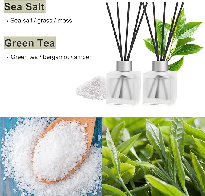 Aeeteek Reed Diffuser, Sea Salt & Green Tea Scented Oils, 100ml Air Freshener Essential Oil Set with Diffuser Sticks, Long Lasting Home Fragrance for Bedroom Office Shelf Bathroom Decor (2-Pack)
