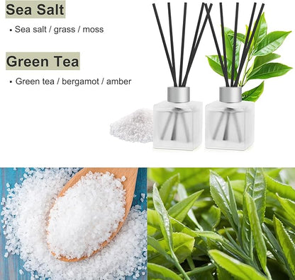 Aeeteek Reed Diffuser, Sea Salt & Green Tea Scented Oils, 100ml Air Freshener Essential Oil Set with Diffuser Sticks, Long Lasting Home Fragrance for Bedroom Office Shelf Bathroom Decor (2-Pack)