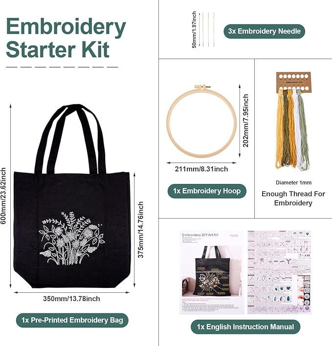 Craftdady Canvas Tote Bag Embroidery Kit Black Canvas Bag with Flower Patterns Instructions Embroidery Bag Embroidery Hoops Color Threads and Tool for DIY Beginners