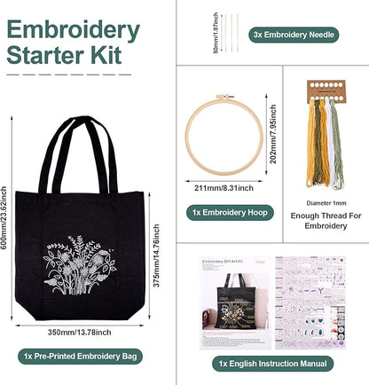 Craftdady Canvas Tote Bag Embroidery Kit Black Canvas Bag with Flower Patterns Instructions Embroidery Bag Embroidery Hoops Color Threads and Tool for DIY Beginners