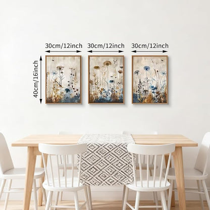 WENGTIAO 3Pcs Vintage Framed Canvas Wall Art Prints Flowers Posters Pictures Boho Brown Blue Blooms Paintings Nature Floral Botanical Artwork for Living Room Bedroom Bathroom Office 12x16x3