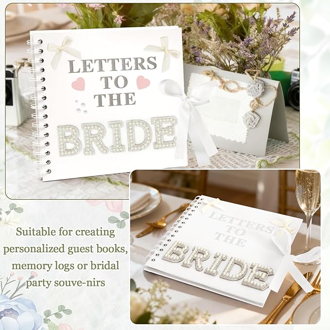 Alynsehom 8 x 8 Inch Letters to The Bride Scrapbook Kits Wedding Memory Book with DIY White Scrapbook Photo Album Blank Paper Bows Pearl Stickers Metallic Letters Heart Sticker Round Dot Stickers