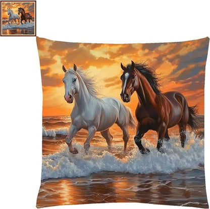 Lovxvouy Pillow Cross Stitch Kits for Adults Beginners-Preprinted Needlepoint Kit Stamped Crossstitching Kits 11CT Cross-Stitch Kit Stitches Kit Embroidery Kits-Couple's Steed 18x18 inchs