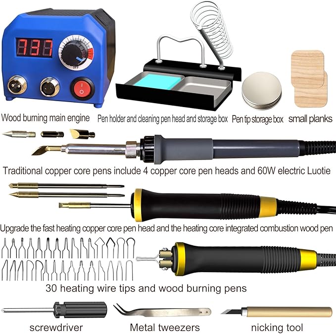 FIRElood LH55-2-3 Wood Burner kit Wood Burning Tool Pen 25~750℃, Wood Burning kit with Digital Thermometer Temperature Adjustable Temperature, 3 pyrographic Wood Burning pens, 37 Wood Burning Pen Tips