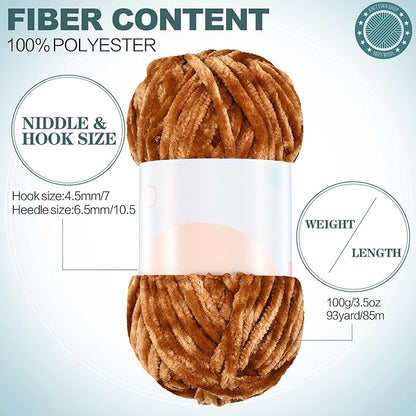 Xinnun 12 Skeins 1116 Yards Chenille Velvet Soft Thick Plush Yarn Bulk for Crocheting Knitting Blanket DIY Weaving Craft, 6mm, 3.5 Oz/Skein(Simple Color)