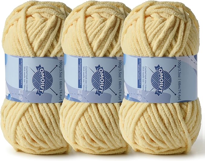 Chunky Chenille Yarn for Crocheting，Baby Yarn for Crocheting Soft Blankets，Bulky Yarns for Crochet Amigurumi，3×100g (3×74.3yds) Fluffy Velvet Yarns for Hand Knitting (3 Light Yellow)