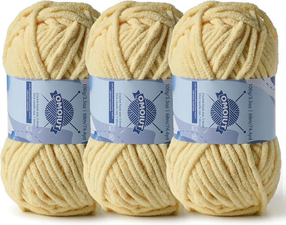 Chunky Chenille Yarn for Crocheting，Baby Yarn for Crocheting Soft Blankets，Bulky Yarns for Crochet Amigurumi，3×100g (3×74.3yds) Fluffy Velvet Yarns for Hand Knitting (3 Light Yellow)