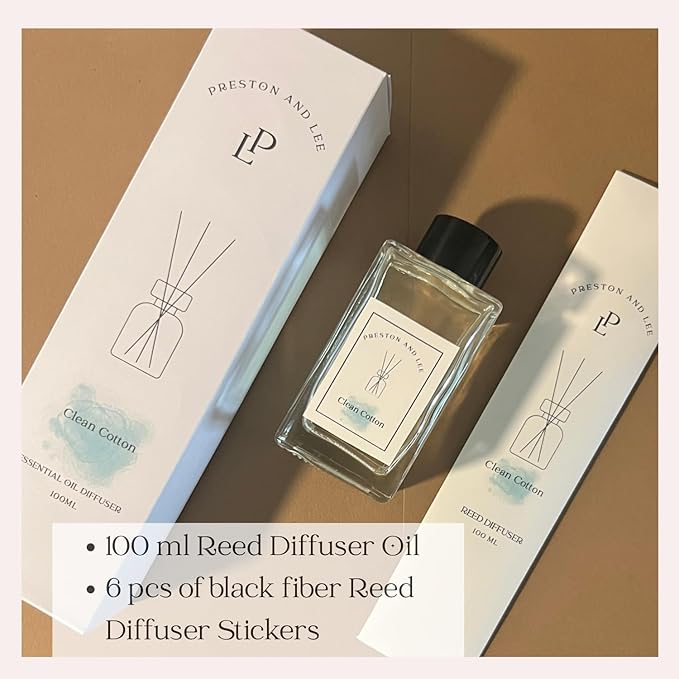 Preston and Lee Reed Diffuser Set | 100 ml (3.4 fl oz) Clean Cotton Scent | Reed Diffuser Set | Aromatherapy Diffusers | Natural Reed Diffuser Oil for Home and Spa Fragrance