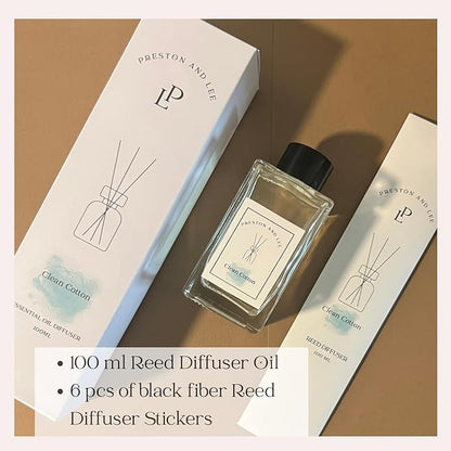 Preston and Lee Reed Diffuser Set | 100 ml (3.4 fl oz) Clean Cotton Scent | Reed Diffuser Set | Aromatherapy Diffusers | Natural Reed Diffuser Oil for Home and Spa Fragrance
