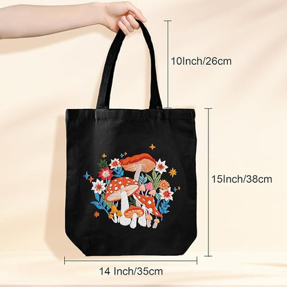 Louise Maelys Embroidery Kit Canvas Tote Bag for Beginners,Cross Stitch Kits for Adults,Arts Crafts Needlepoint with Mushroom Flower Pattern,Women Shopping Reusable Grocery Bags