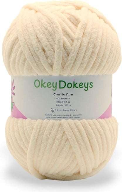 Okey Dokeys 300g Jumbo Velvet Chenille Yarn 7 Jumbo – Plush, No-Fray, Durable Plushies, Posh Soft Crochet Projects Beginner Friendly (130 yds) (Vanilla Cream White (111), 1 Pack (17.90/Skein))