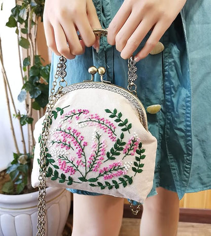 Embroidery Beginner Kits for Adults, DIY Wallet/Purse/Handbag with Pattern & Instructions, Included Embroidery Cloth Bag/Chain/Craft Stamped/Hoops Threads