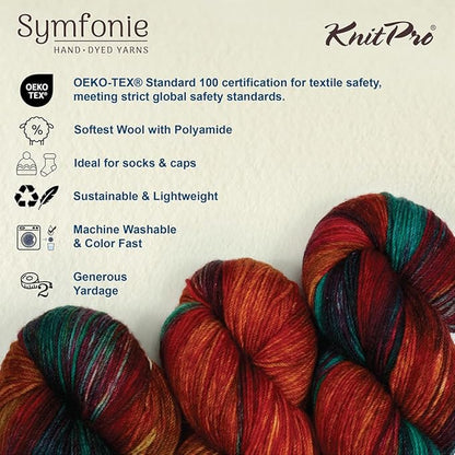 KnitPro Symfonie Hand Dyed Yarn | Extra Fine Merino Wool & Polyamide Blend for Knitting & Crocheting, Fingering Weight, Oeko-TEX Certified 400m, 100g Skein | Terra Variegated Party Lights