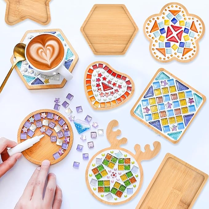 BUYGOO 10Pcs DIY Wooden Mosaic Tiles Coasters Assorted Shapes, Blank Base Trays, Drinking Cup Coaster, Plant Coaster, Art Plate, DIY Mosaic Supplies for Arts and Crafts Home Decor