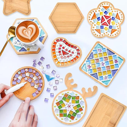 BUYGOO 10Pcs DIY Wooden Mosaic Tiles Coasters Assorted Shapes, Blank Base Trays, Drinking Cup Coaster, Plant Coaster, Art Plate, DIY Mosaic Supplies for Arts and Crafts Home Decor
