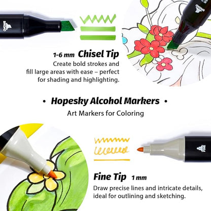 Hopesky 204 Colors Alcohol Markers - Dual Tip Permanent Art Markers Set for Coloring Drawing Painting, Fine and Chisel Tip Alcohol Based Pens with Carrying Case for Adult Artists