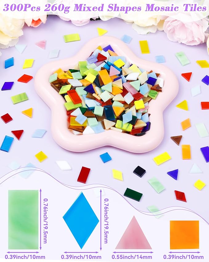 FIVEIZERO 260g Glass Mosaic Tiles for Crafts - 300 Pieces Tiny Mosaic Tile Kit, Irregular Pieces for DIY Craft Jewelry, Coaster Art & Mosaic Kits (Blue)
