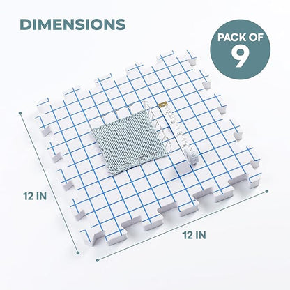KnitIQ Pack of 9 Blocking Mats for Knitting and Crocheting - Extra Thick Blocking Boards for Crochet Projects - Block Mats for Knitting with Circular Gridlines, 150 T-Pins, and Storage Bag