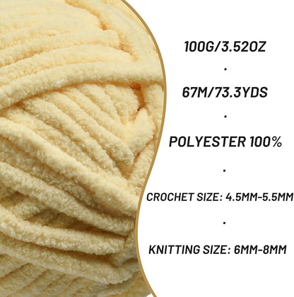 Chunky Chenille Yarn for Crocheting，Baby Yarn for Crocheting Soft Blankets，Bulky Yarns for Crochet Amigurumi，4×100g (4×74.3yds) Fluffy Velvet Yarns for Hand Knitting (4 Light Yellow)