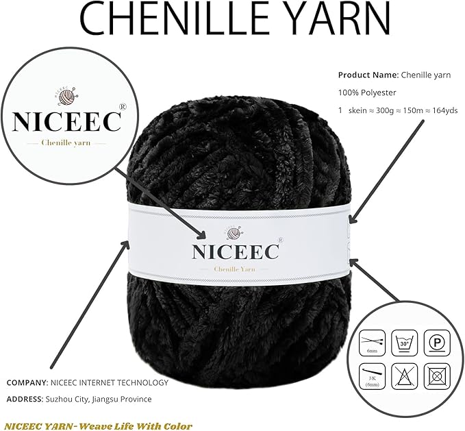 NICEEC 300g Soft Chenille Yarn Blanket Velvet Yarn for Knitting, Crochet, Weaving DIY Craft Total Length 150m (164yds)_Black