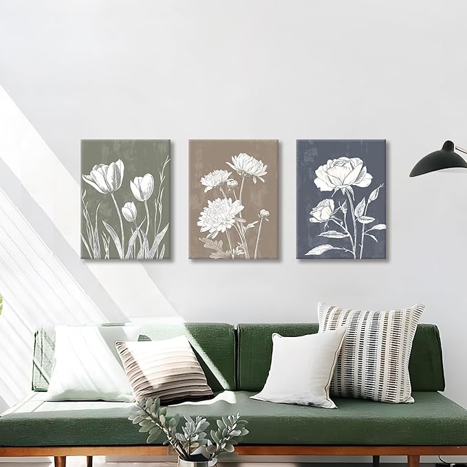 3 Pcs Boho White Flowers Botanical Canvas Wall Art Wooden Rustic Minimalist Farmhouse Floral Wall Paintings Vintage Blossom Picture Artwork Wall Decor for Bedroom Living Room Reay to Hang 12"x16"x3