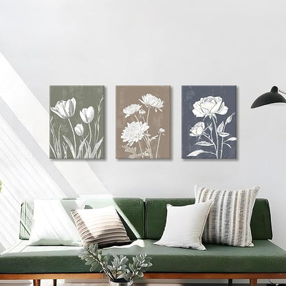 3 Pcs Boho White Flowers Botanical Canvas Wall Art Wooden Rustic Minimalist Farmhouse Floral Wall Paintings Vintage Blossom Picture Artwork Wall Decor for Bedroom Living Room Reay to Hang 12"x16"x3