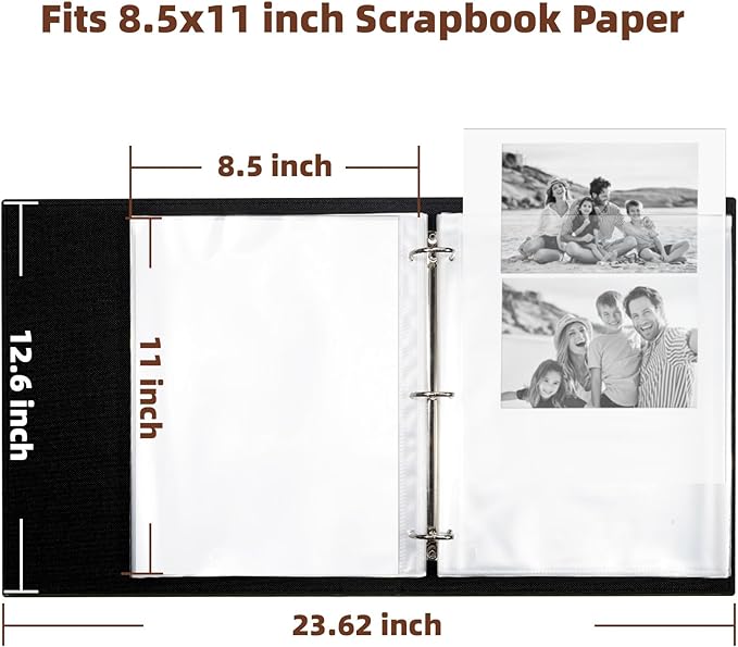 Vienrose Scrapbook Photo Album, 8.5"x11" Faux Leather Cover DIY Scrapbook Album with 50 Sleeves 100 Pages, 3 Ring Vintage Memory Book for Family, Wedding, Birthday, Anniversary, Ebony Black