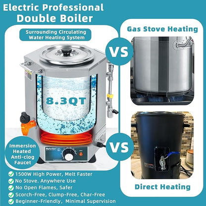 Hehinton 3-in-1 Professional Double Boiler Melting Pot, 8.3Qt 1500W All Stainless Steel Melter for Chocolate, Candle Wax Soap Making | Fast Even Heating Melting & Keeping Warm