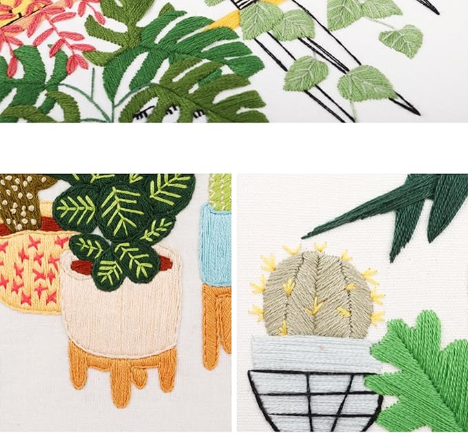 SUQUUB 3 Sets Embroidery Starter Kit with Pattern and Instructions,Cross Stitch Beginner Kits with Frame,3 Plastic Embroidery Hoops,3 Embroidery Clothes and Color Threads (3 X Plant Pattern)