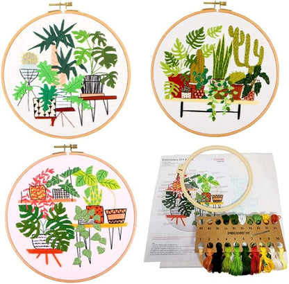 SUQUUB 3 Sets Embroidery Starter Kit with Pattern and Instructions,Cross Stitch Beginner Kits with Frame,3 Plastic Embroidery Hoops,3 Embroidery Clothes and Color Threads (3 X Plant Pattern)