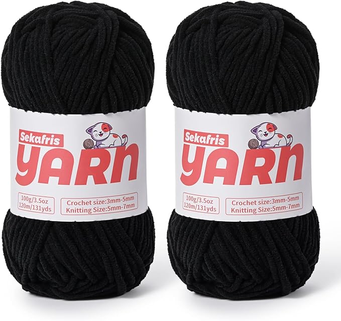 Plush Chunky Chenille Yarn for Crocheting, Soft Fluffy Velvet Yarn for Crocheting Amigurumi, Fuzzy Baby Blanket Knitting 200g/262yds Bulky(2 Black)