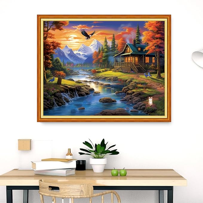 Dooxvey Cross Stitch Kits for Adults Stamped Full Range of Embroidery Starter Kits for Beginners 11CT Printed Cross Stitch Patterns Needlepoint Kits Stamped Crossstitch- Riverside Scenic 16x20 inch