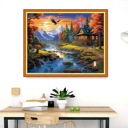 Dooxvey Cross Stitch Kits for Adults Stamped Full Range of Embroidery Starter Kits for Beginners 11CT Printed Cross Stitch Patterns Needlepoint Kits Stamped Crossstitch- Riverside Scenic 16x20 inch