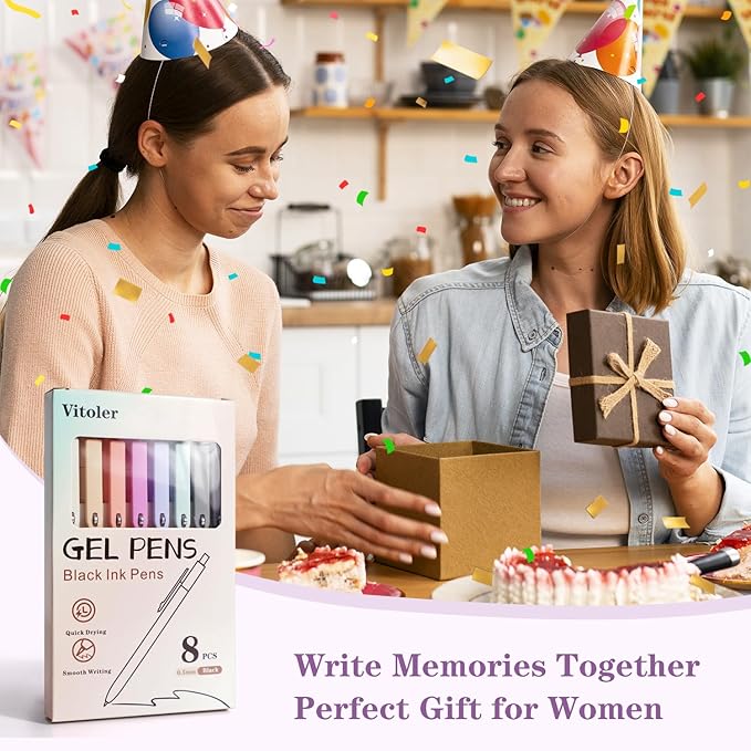 Piochoo Gel Pens,8pcs Fine Point Smooth Writing Black Ink Retractable Journaling Pens Ballpoint, Quick-Dry Cute Fidget Pens for School Supplies Office Desk Accessories