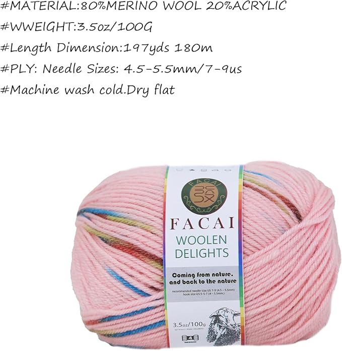 Facai Blend Merino Wool Yarn for Knitting - Worsted Weight,197yds (3.5oz) Ball, Ideal for Sweaters, Scarves, and Accessories (3, Dreamland Flower)