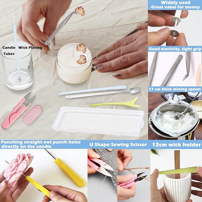24PCS Candle Making Supplies with Storage box,Big Eye Long candle wick needle for Candle&Silicone Mold,Punch Needle with Hook Eye,Candle Tool Kit for Beginner,Candle Wicks Placing tube,Stirring spoon